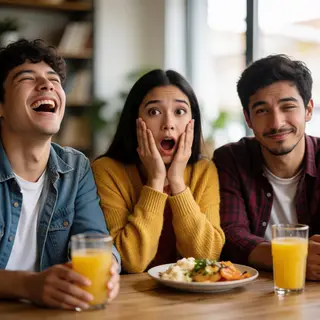 A group of three friends at a table: one laughing with head 