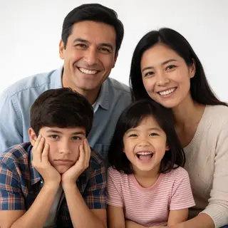 A family photo with four people: a father beaming with pride
