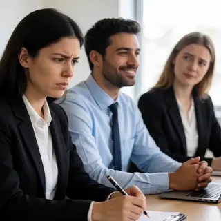 Three coworkers in a meeting: one looking frustrated with fu