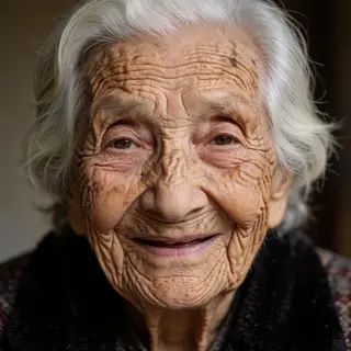 An elderly woman in her 80s with deep wrinkles and white hai