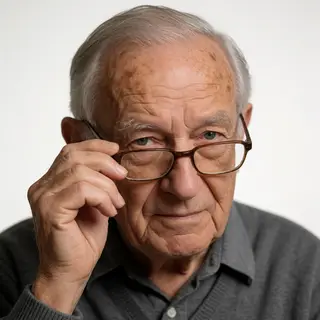 An elderly man in his 70s with age spots and thinning gray h