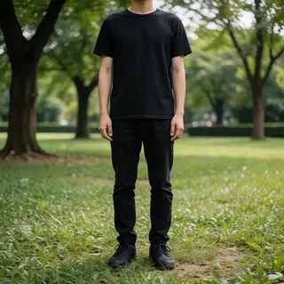 A person standing in a neutral pose in a park, full body vis