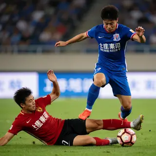Two soccer players mid-tackle, one sliding and the other jum