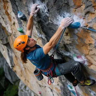 A rock climber clinging to a cliff face with arms and legs e