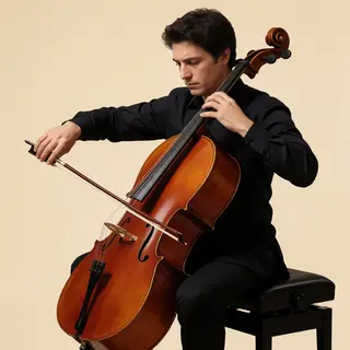 A cellist seated with correct posture, legs around the instr