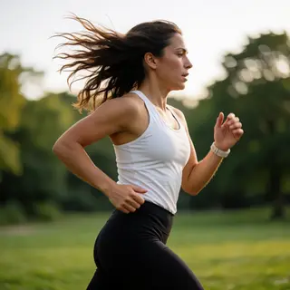 A woman mid-stride running through a park, hair and clothes 