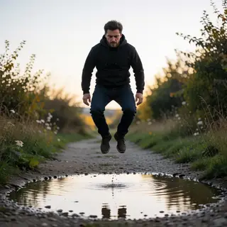 A man captured mid-jump over a puddle, body in the air with 