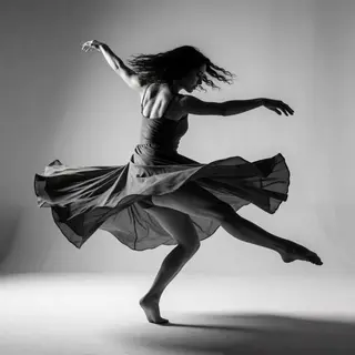 A dancer in a dynamic spin, dress flowing outward with one l