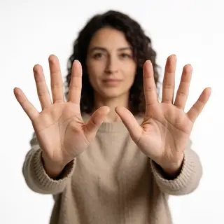 A woman holding her hands out in front of her palms-up, all 