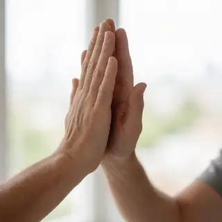 Two people doing a high-five, palms meeting with all fingers