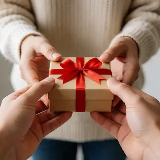 One person handing a small gift box to another person, both 
