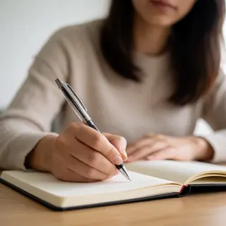 A woman writing in a notebook with a pen gripped correctly i