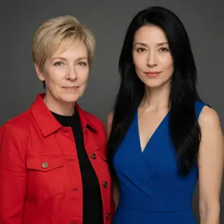 Two women standing side by side: one with short blonde hair 