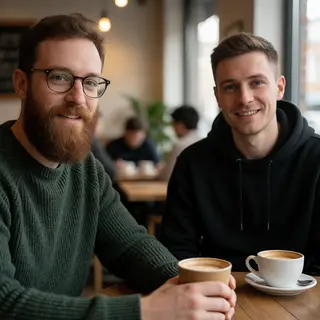 Two men at a cafe: one with a beard and glasses wearing a gr