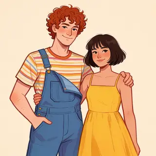 Two friends posing: one tall with curly red hair in denim ov
