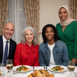 Four people at a dinner table: a bald man in a suit, a woman