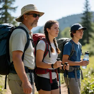 Three hikers on a trail: a man with a backpack and sunhat, a