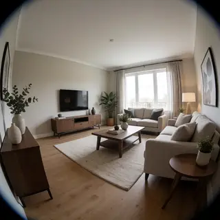 A wide-angle shot of a modern living room interior showing e