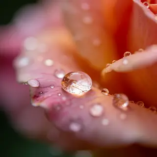 A close-up macro shot of a single dewdrop on a rose petal, s