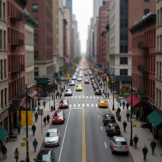 A tilt-shift photograph of a city street making real-life lo