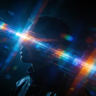 A cinematic frame with blue and orange anamorphic lens flare
