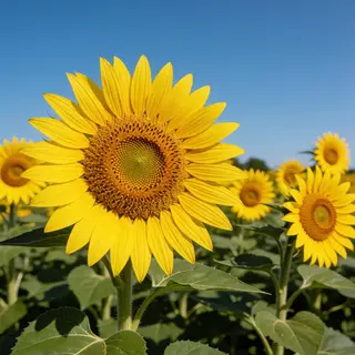 A field of pure sunflower yellow flowers under a clear blue 
