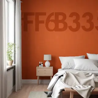 A bedroom wall painted in #FF6B35 (burnt orange) with white 