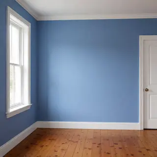 A room with walls in #4A90D9 (medium blue) with warm wooden 