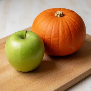 A green apple and an orange pumpkin on a wooden cutting boar