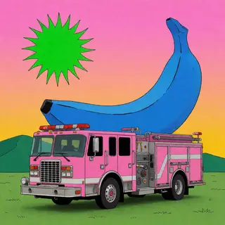 A pink fire truck, a blue banana, and a green sun in a surre