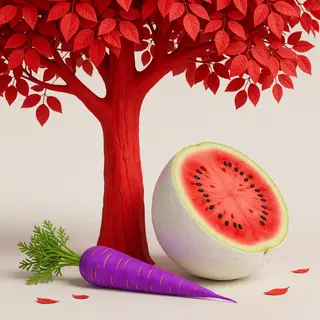 A purple carrot, a red tree with red leaves, and a white wat