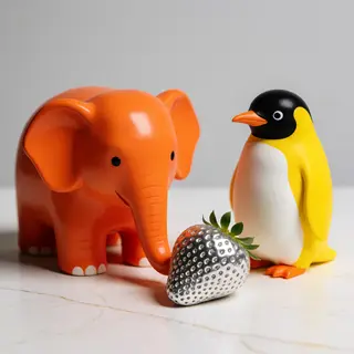 An orange elephant, a yellow penguin, and a silver strawberr