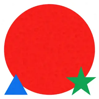 A large red circle, a small blue triangle, and a medium gree