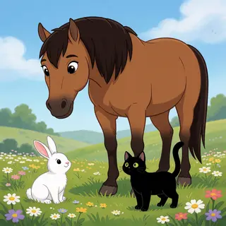 A big brown horse, a small white rabbit, and a medium-sized 
