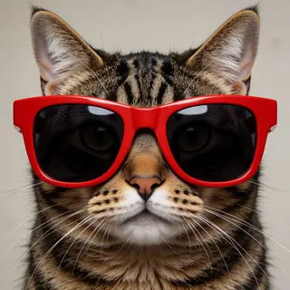 A tabby cat wearing oversized red sunglasses