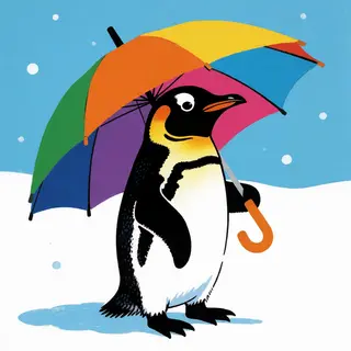 A penguin holding a colorful umbrella