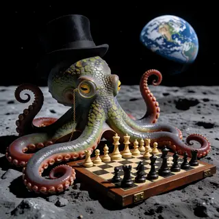 An octopus wearing a top hat and monocle playing chess on th