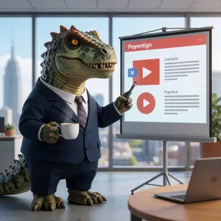 A dinosaur in a business suit giving a PowerPoint presentati