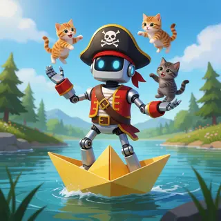 A robot dressed as a pirate sailing a paper boat on a lake o