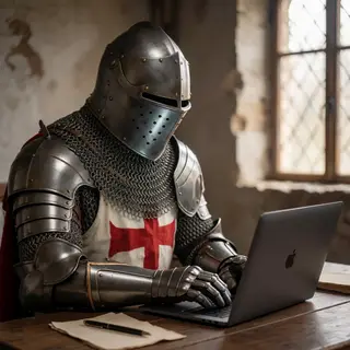 A medieval knight in full armor sitting at a desk typing on 