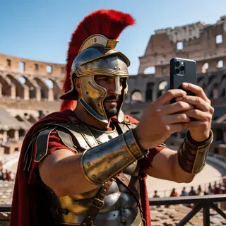 A Roman gladiator taking a selfie with a smartphone in the C