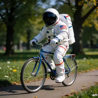 An astronaut in a spacesuit riding a bicycle through a park