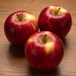 Exactly 3 red apples arranged on a wooden table