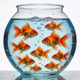 Exactly 9 goldfish swimming in a large round fishbowl