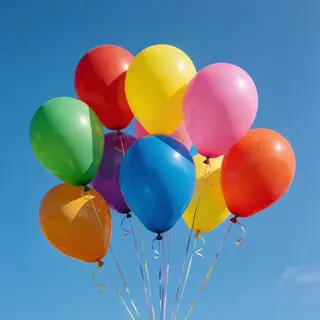 Exactly 11 colorful balloons floating against a clear blue s