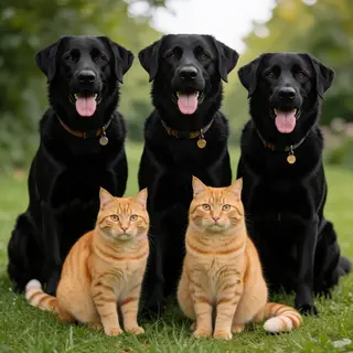2 orange cats and 3 black dogs sitting together on a grassy 