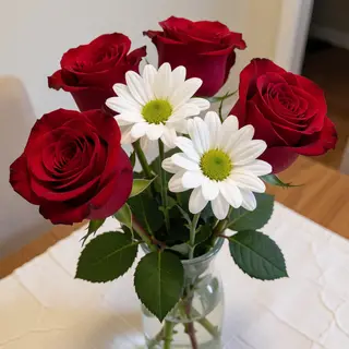 4 red roses and 2 white daisies in a glass vase on a table