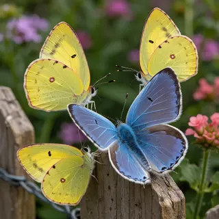 1 blue butterfly and 3 yellow butterflies resting on a garde