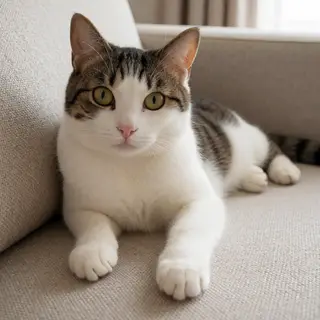 A cat lying on a couch without a collar