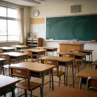 A classroom with desks and a chalkboard but no students